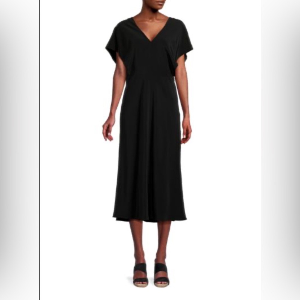 Vince V-Neck Flutter Sleeve Dress Midi Black Bias Cut Size 12